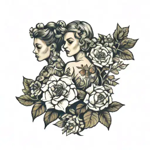 3 sisters together play together with flowers forming tattoo design idea
