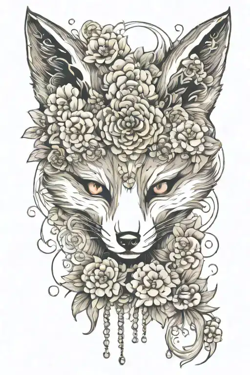 Japanese fox 9 with flowers and beads detailed drawing tattoo design idea