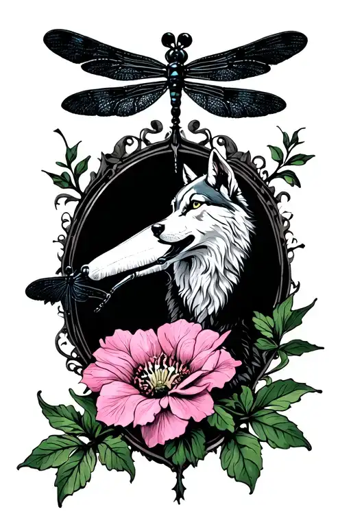 wolfs and hemlock hensbane and dragonfly perched tattoo design idea