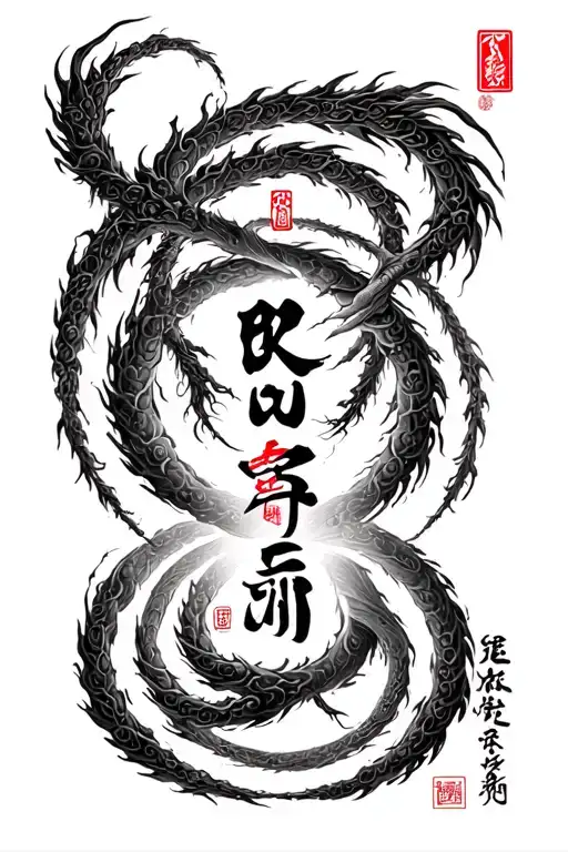 a Chinese style circle with the word Kuo and the word all interconnected together tattoo design idea