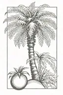 A single fine line image of a california palm tree growing from a peach fruit tattoo design idea