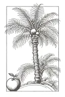 A single fine line image of a california palm tree growing from a peach fruit tattoo design idea