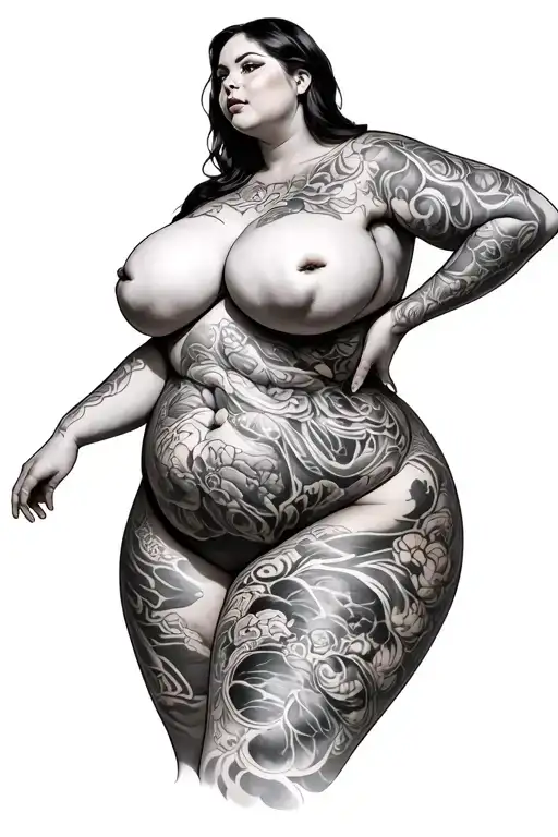 A faceless, voluptuous plus-size woman with sagging breasts, standing confidently in a soft pose. Her figure is proudly  tattoo design idea