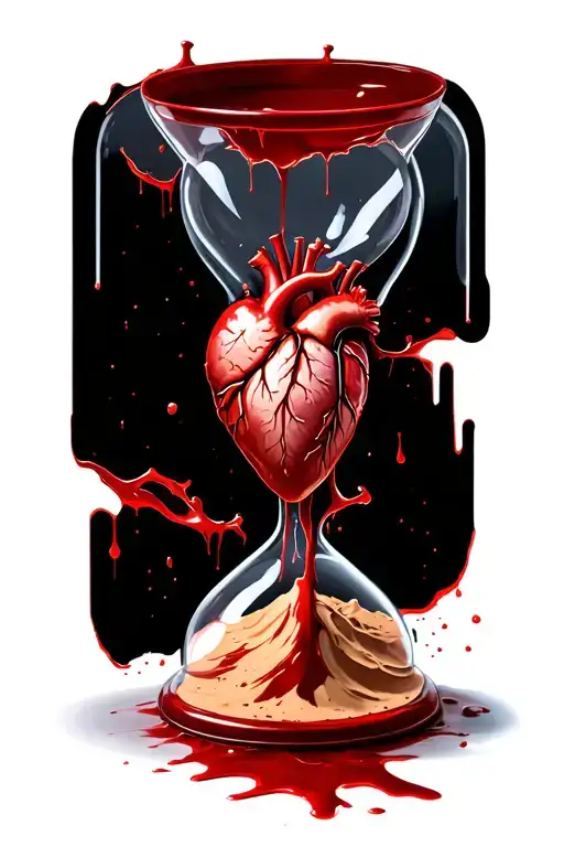 skin being ripped away with an anatomically accurate bleeding heart underneath with an hour glass stopped mid sand fall tattoo design idea