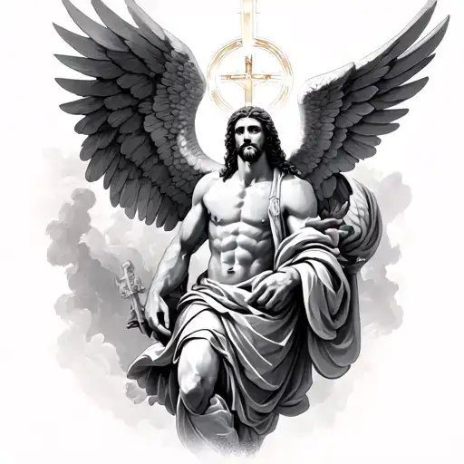 saint michael arcangel with jesus christ on the background tattoo design idea