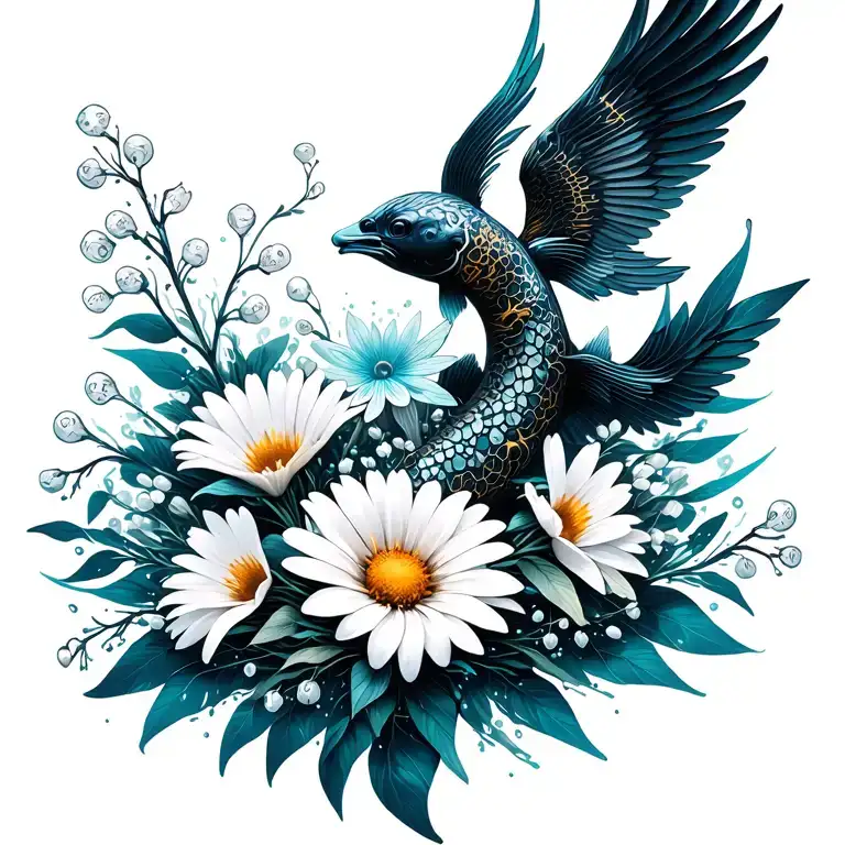 schlängelnder out of water black white koi with phoenix wings, bouquet with an aster, a daisy, a lily of the valley tattoo design idea