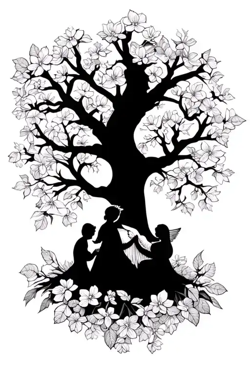dogwood tree, Angels holding hands with a baby angel tattoo design idea