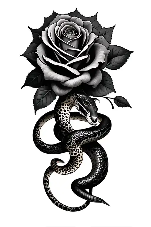 roses, cheetah, black mamba snake intertwined tattoo design idea