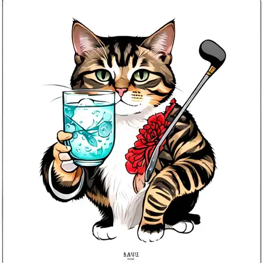 a housecat sipping a gin and tonic holding a golf club tattoo design idea