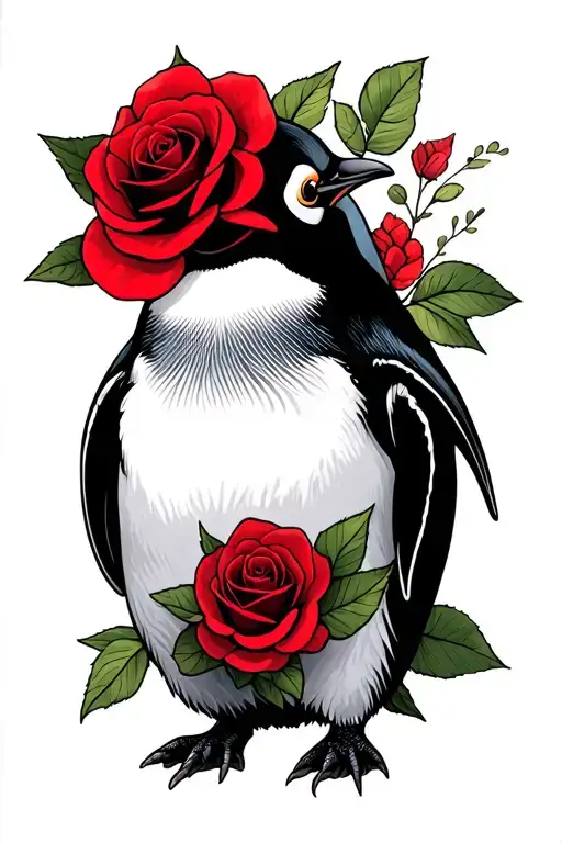 penguin with red rose tattoo design idea