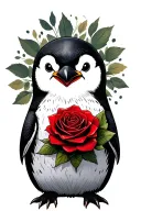 penguin with red rose tattoo design idea