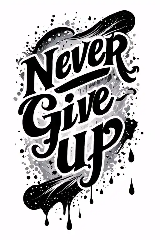 Never give up as a vertical lettering down and below it should then turn into drops that fall down tattoo design idea