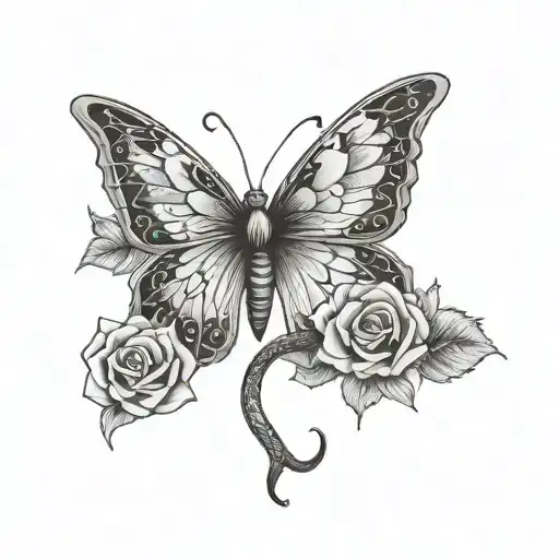 butterfly  wings with rose and snake  tattoo design idea
