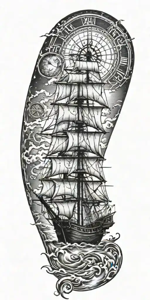 small pirate ship stormy seas compass rose falling moon black flag tattoo design idea