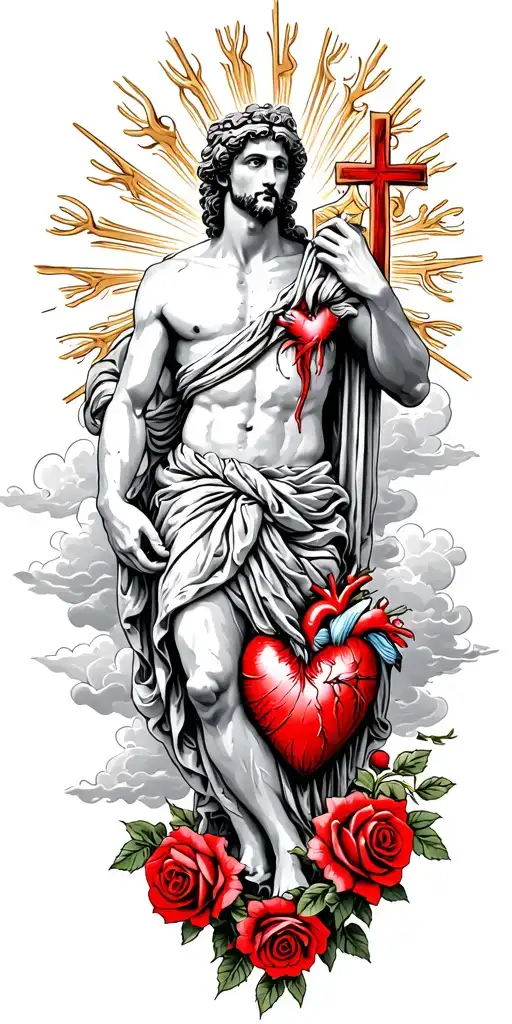 Greek god with a heart with rays and clouds and a cross with lightly red colored roses throughout tattoo design idea