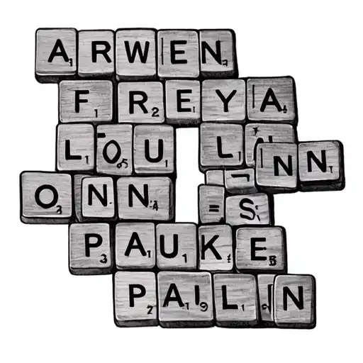 scrabble tiles with the names ARWEN-FREYA-LOUEN-OONA-JITSKE-PAULIEN tattoo design idea