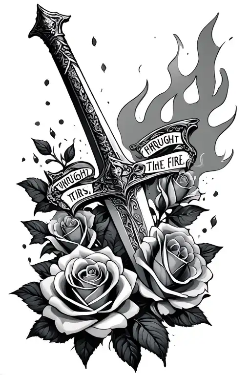 Feminine sword with words in the middle that say fought through the fire. Include roses. tattoo design idea