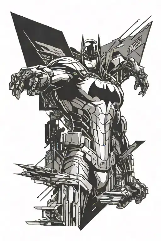 "A sleek, futuristic tattoo design inspired by the dark, cyberpunk aesthetic of Batman Beyond. The central focus is the  tattoo design idea