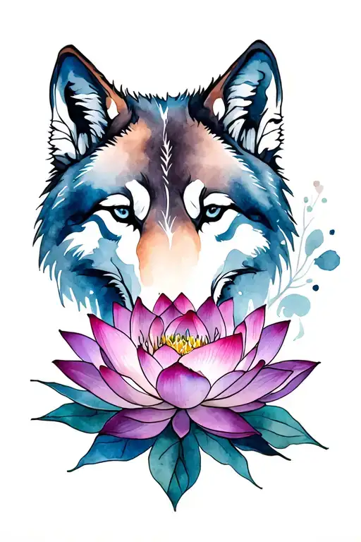 half wolf head, lotus flower tattoo design idea