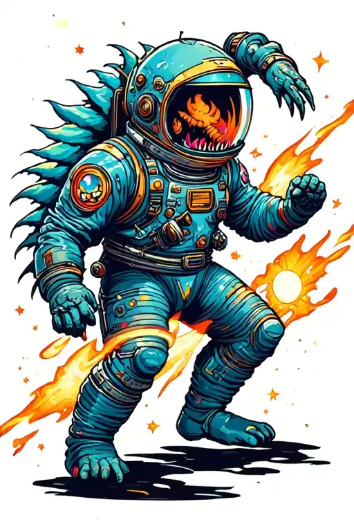 spaceman fighting cosmic monster tattoo design idea