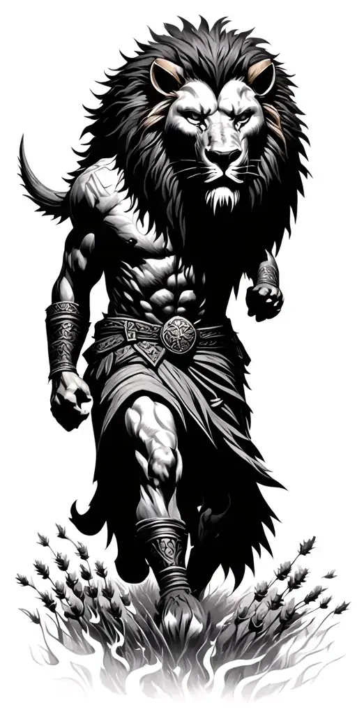Viking berserker wearing a lion's head, charging through a field of burning heather  tattoo design idea
