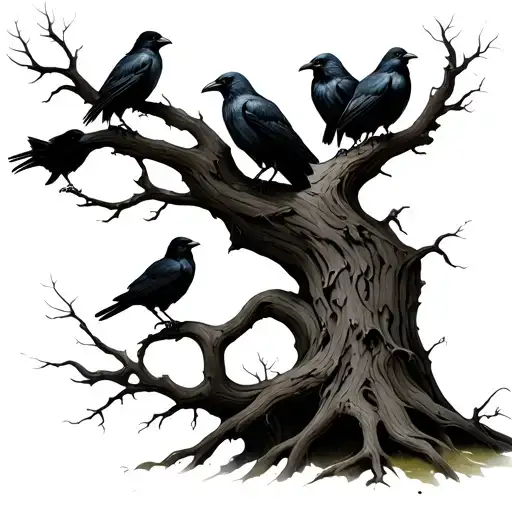 dead tree with six crows dark tattoo design idea