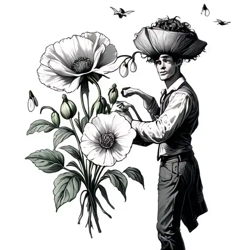 A boquote of Carnation, snowdrop hellebore, , poppy in the fine line styles a guy holding the boquote while flying up tattoo design idea