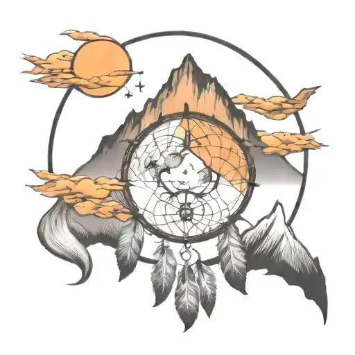 dreamcatcher with mountain range and moon inside tattoo design idea