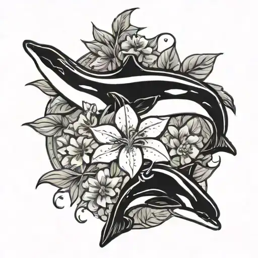 orca and Arabian jasmine flowers tattoo design idea