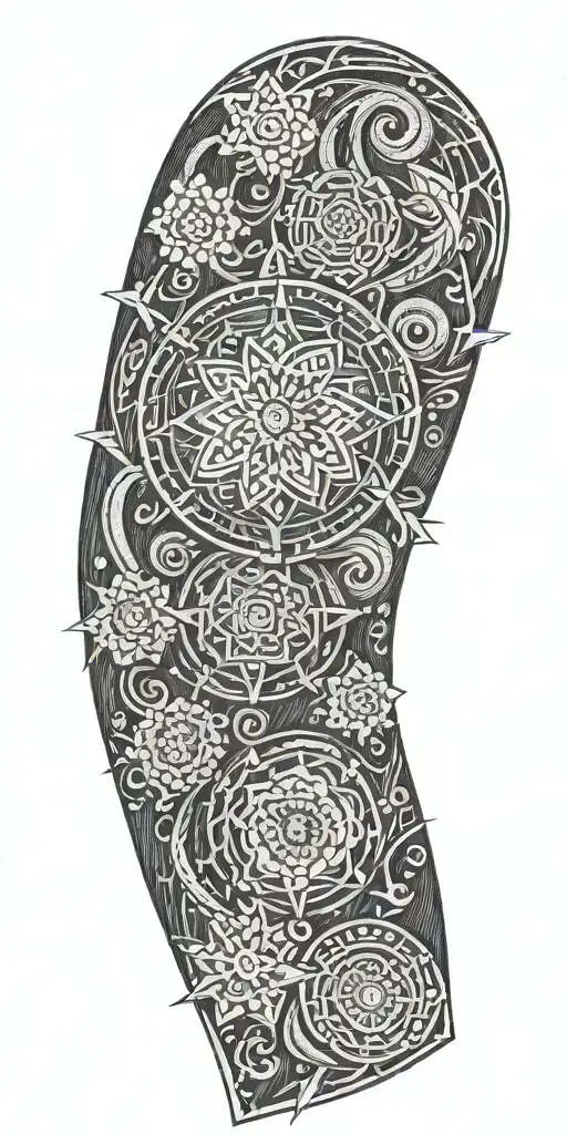 Blend Buddhist mandala, fine-line wood grain, anime elements, and subtle gaming symbols into a cohesive, flowing design tattoo design idea