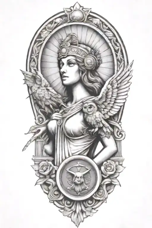athena greek goddess with owl and parthenon tattoo design idea
