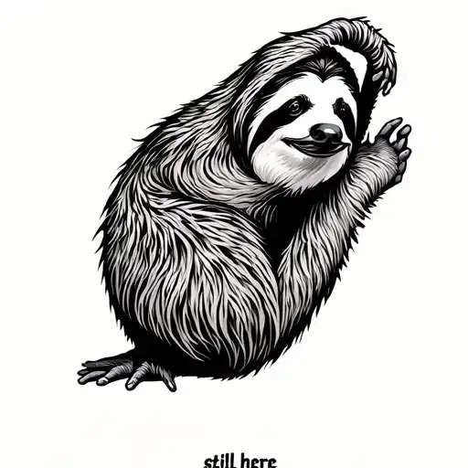 sloth and words "still here" female back tattoo design idea