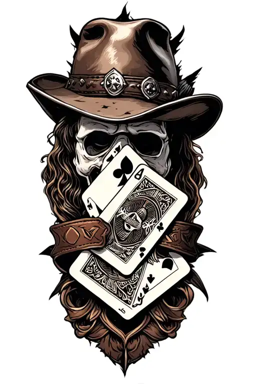 a half sleeve tattoo of western leather tooling, old tattered playing cards, lightning bolts, multi tattoo design idea