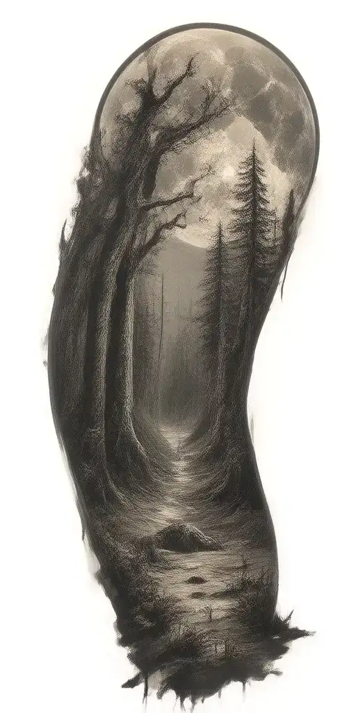 massive forest landscape with huge moon in the background  tattoo design idea
