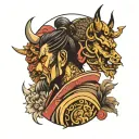 side view samurai with oni mask surrounded tattoo design idea