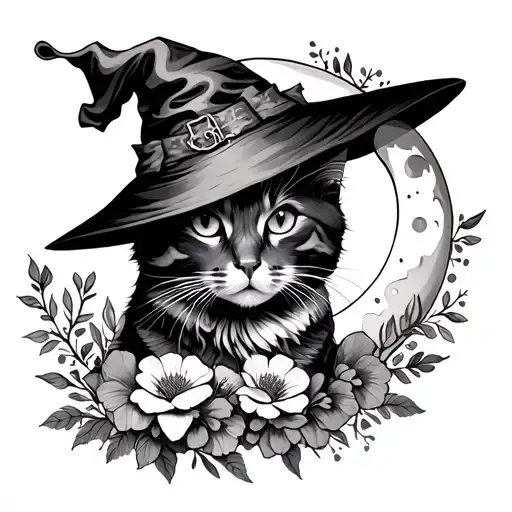 cat, witch with hat, moon, flowers blooming tattoo design idea