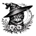cat, witch with hat, moon, flowers blooming tattoo design idea