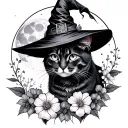 cat, witch with hat, moon, flowers blooming tattoo design idea
