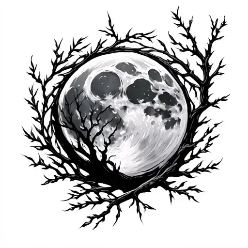 a willow branch framing a full moon tattoo design idea