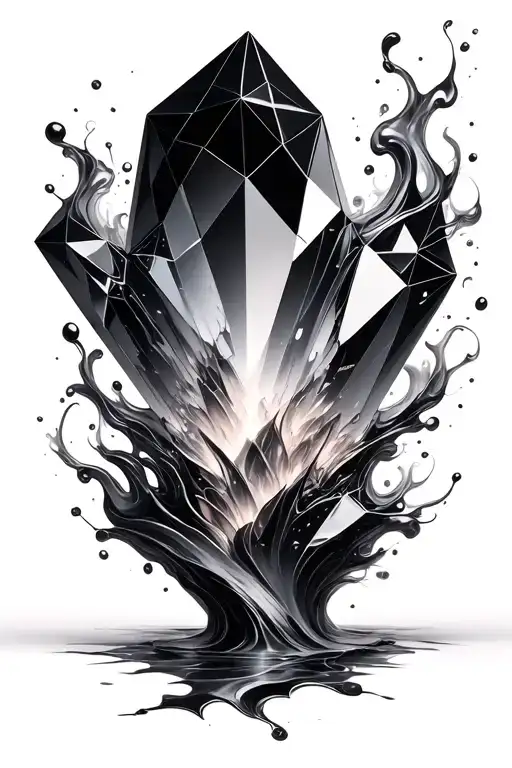 a perfectly polished black geometric crystal from the center of which a dynamic flow of organic, chaotic white smoke or  tattoo design idea