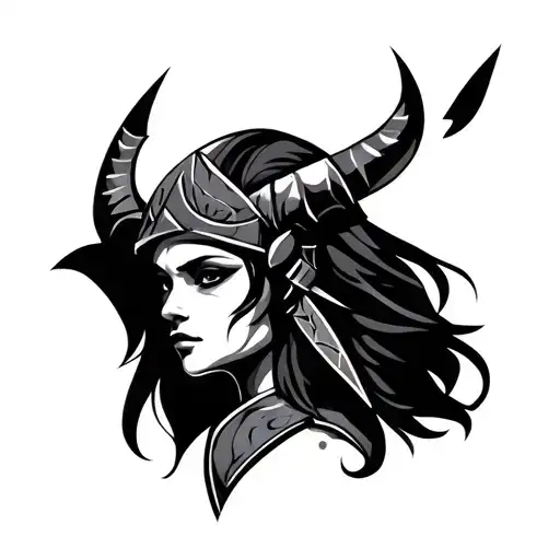 simple geometrical female viking warrior face front view tattoo design idea