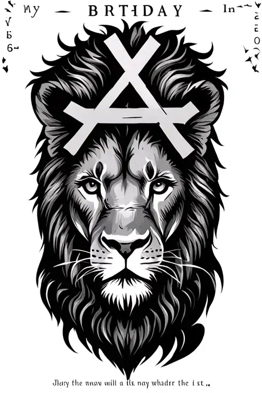 a lion with three crosses horizontally and then a scripture and then my birthday in Roman numerals tattoo design idea