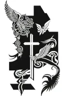 los angels hints, catholic cross with wings, and filipino tribals surrounding it tattoo design idea