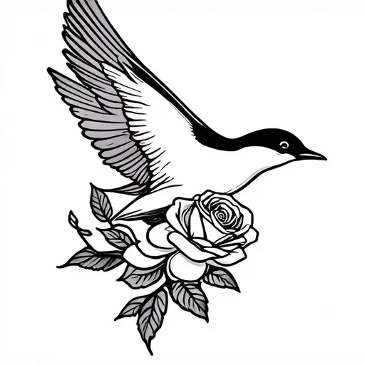 "A black and white linework tattoo design of a classic traditional swallow in mid-flight, holding a detailed rose in its tattoo design idea