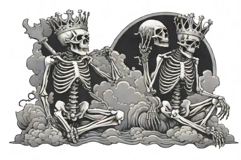 two skeletons kneeling praying with crowns on head. cloud above them with ray of light coming down on them.  tattoo design idea