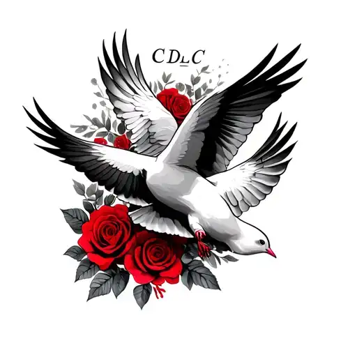 two doves flying with red roses in the background and initials CDLC on the top tattoo design idea