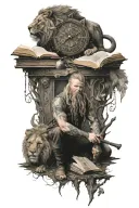 viking with an axe and a lion and a book and a clock and the world tree tattoo design idea