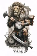 viking with an axe and a lion and a book and a clock and the world tree tattoo design idea