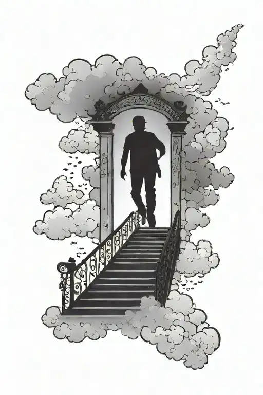 silhouette of a person walking up a stairway to heavens gates with clouds tattoo design idea
