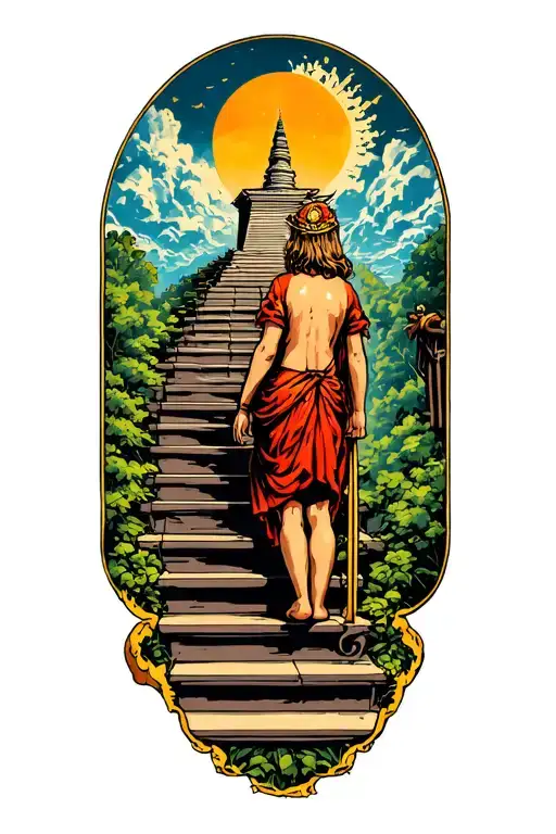 of the stairs climbed by a child surrounded by the difficulties of life to face and at the end the temple of Olympus tattoo design idea